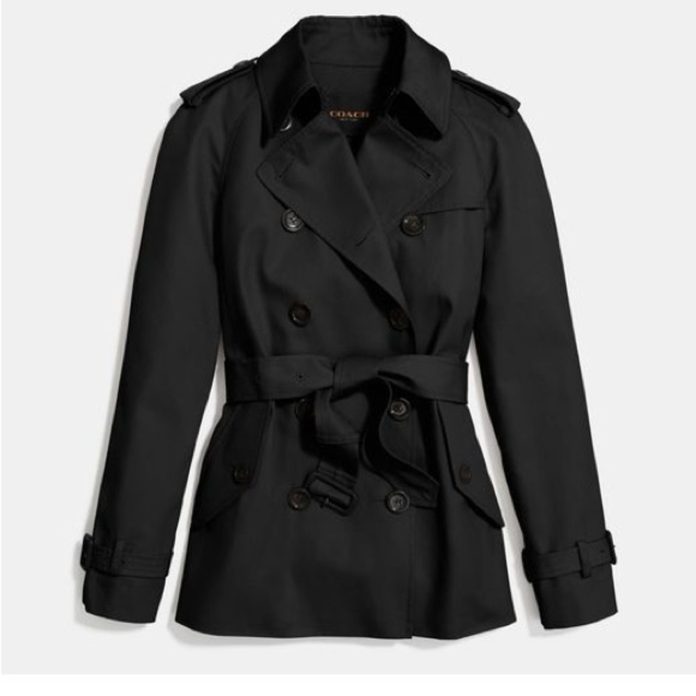 Coach Black Trench Coat with Contrasting Tan Collar Belted Waist Notched Lapels